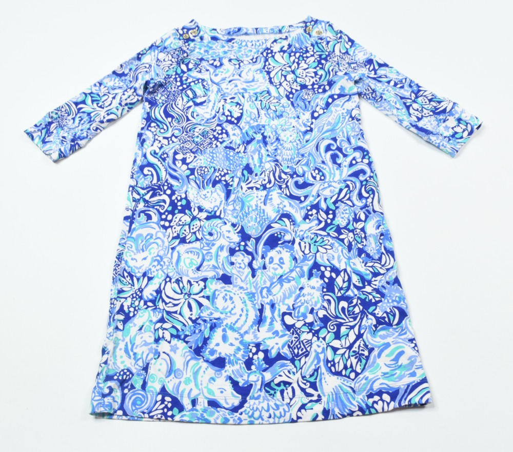 Lilly Pulitzer Mini Sophie Dress Girls Large Blue Floral Animal Print 3/4 Sleeve